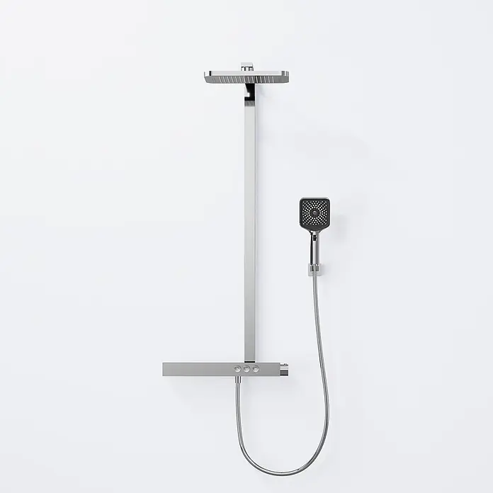 Vola Duschsystem -  - Modernes Duschsystem aus gebürstetem Metall mit rechteckiger Kopf- und quadratischer Handbrause.