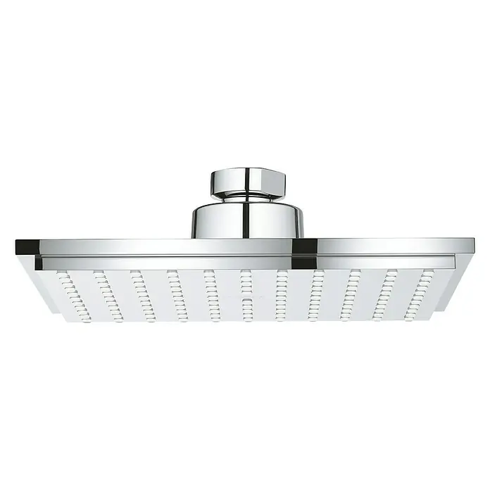Grohe Euphoria Cube Kopfbrause 152 - 15,2 x 15,2 cm, 9,5 l/min, Chrom - Nahaufnahme eines modernen, quadratischen Duschkopfs mit Chromfinish, der für ein luxuriöses Duscherlebnis entworfen wurde.