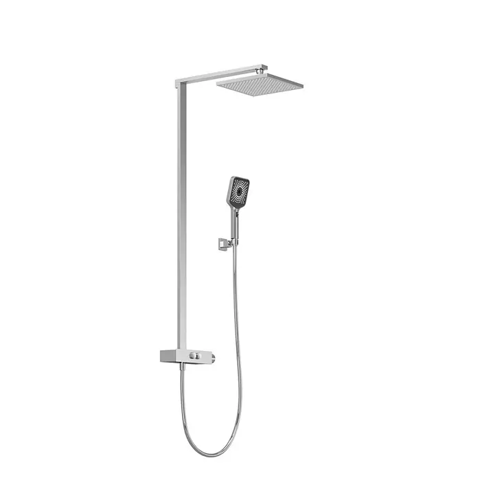 Vola Duschsystem -  - Modernes Duschsystem aus Chrom mit quadratischem Regenduschkopf, flexibler Handbrause und integrierten Mischbatterie-Bedienelementen.