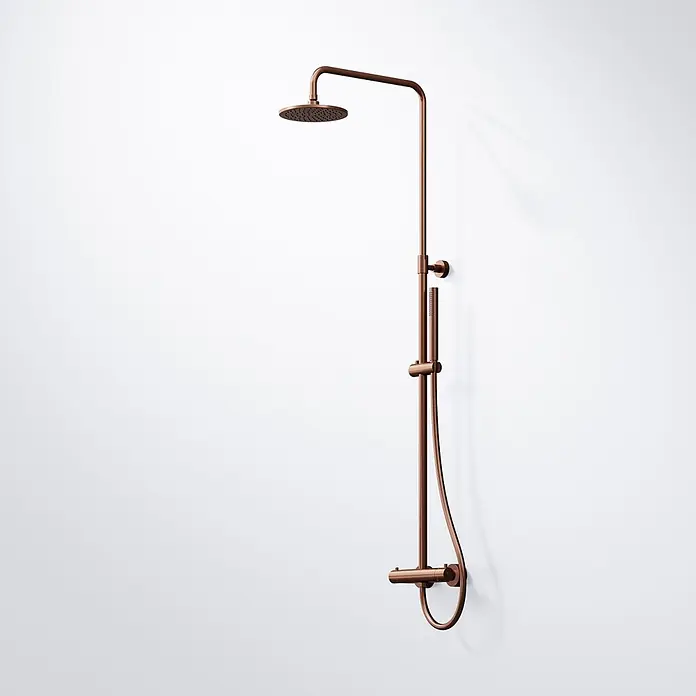 Vola Duschsystem -  - Kupferfarbenes Duschsystem mit Kopfbrause und verstellbarer Handbrause.
