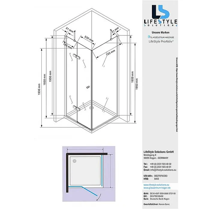 Glaszentrum Hagen Eckdusche 80x80x195 cm Hestia Duschkabine inkl. Tasse + Siphon - 80 x 80 x 195 cm, Imprägniert, Farblos, Stärke: 8 mm - Technische Zeichnung einer transparenten Glas-Eckdusche mit Chrombeschlägen und Maßen.
