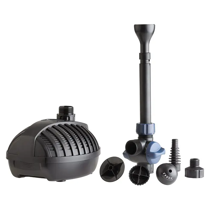 Oase Wasserspielpumpe Aquarius Set 3000 E - 26 W, Fördermenge pro Std.: 3.000 l - Schwarze Teichpumpe mit Fontänen-Set, bestehend aus Pumpenkörper, hoher Düsenbaugruppe und verschiedenen Fontänenköpfen.