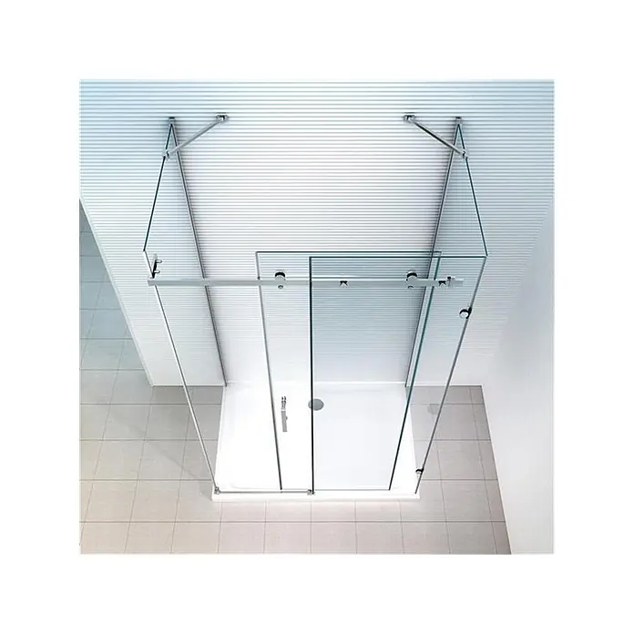 Glaszentrum Hagen U-Duschkabine 90x120x90x195cm Hebe Duschkabine Schiebetür - Imprägniert, Farblos - Ganzglas-Duschkabine mit Schiebetüren und Metallbeschlägen, über einer weißen Duschwanne.