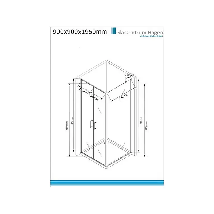 Glaszentrum Hagen Eckdusche 90x90x195 cm Athene Duschkabine inkl. Tasse - 90 x 90 x 195 cm, Imprägniert, Farblos, Stärke: 8 mm - Technische Zeichnung einer 900x900x1950mm Glas-Viertelkreisdusche mit Doppelschwingtüren.