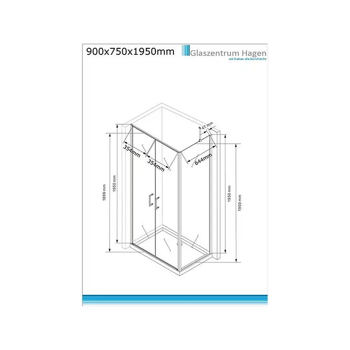 Glaszentrum Hagen Eckdusche 90x75x195 cm Athene Duschkabine inkl. Tasse - 75 x 90 x 195 cm, Imprägniert, Farblos, Stärke: 8 mm - Technisches Diagramm einer 900x750x1950mm Duschkabine mit detaillierten Maßen.