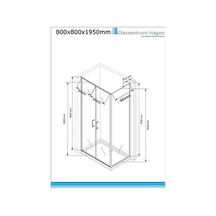 Glaszentrum Hagen Eckdusche 80x80x195 cm Athene Duschkabine inkl. Tasse - 80 x 80 x 195 cm, Imprägniert, Farblos, Stärke: 8 mm - Technische Zeichnung einer 800x800x1950mm Glas-Eckduschkabine mit detaillierten Maßen.