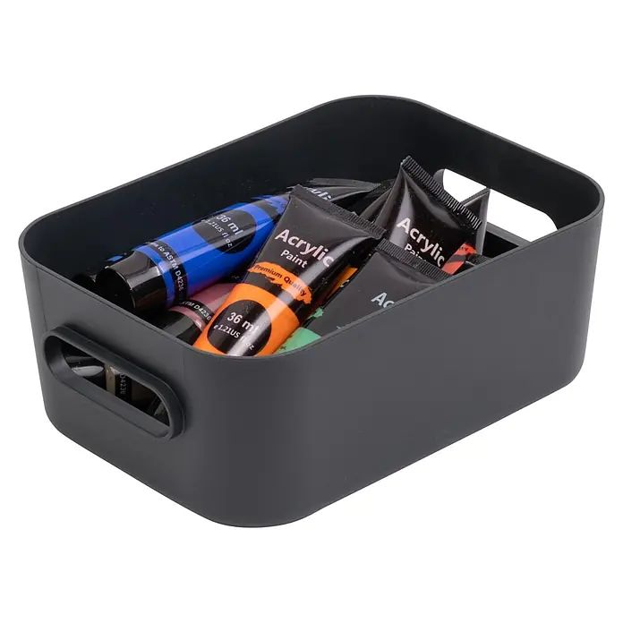 SmartStore Aufbewahrungsbox Comfort S - L x B x H: 20 x 14 x 7,5 cm, Kunststoff, Dark Teal, 1,5 l - Verschiedene Acrylfarben in einer dunkelgrauen Kunststoff-Aufbewahrungsbox.