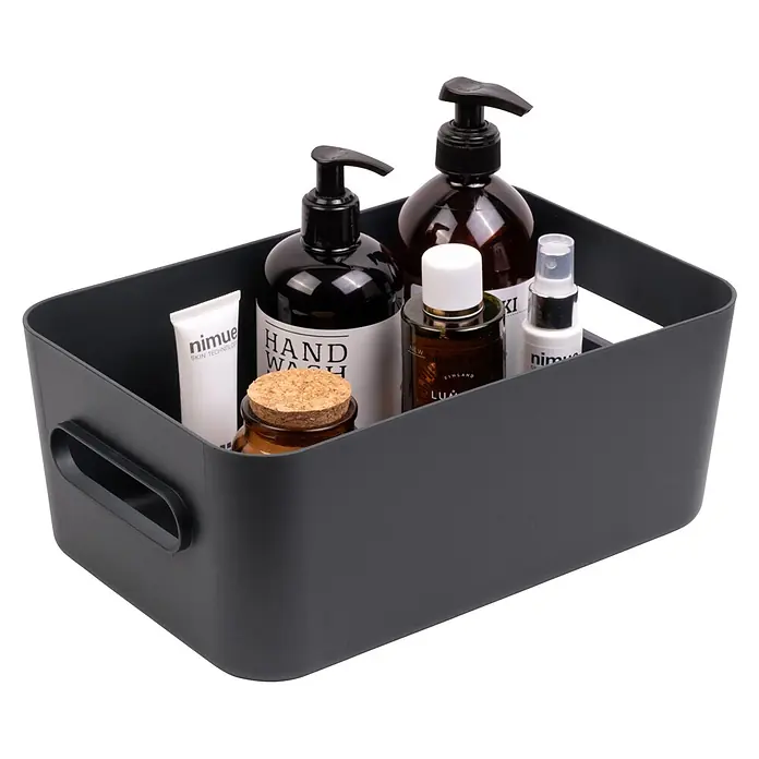 SmartStore Aufbewahrungsbox Comfort M - L x B x H: 29,5 x 19,5 x 12 cm, Kunststoff, Dark Teal, 5,3 l - Dunkelgraue Kunststoff-Aufbewahrungsbox mit diversen Hygiene- und Schönheitsprodukten.