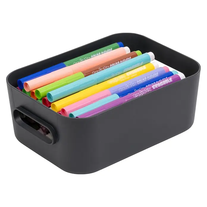 SmartStore Aufbewahrungsbox Comfort S - L x B x H: 20 x 14 x 7,5 cm, Kunststoff, Dark Teal, 1,5 l - Ein dunkelgrauer Kunststoffbehälter gefüllt mit bunten Markern.