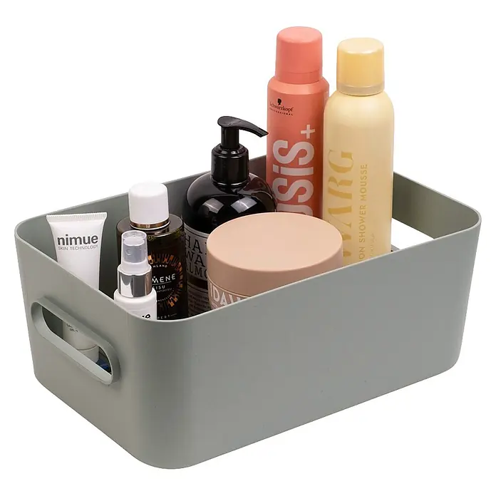 SmartStore Aufbewahrungsbox Comfort M - L x B x H: 29,5 x 19,5 x 12 cm, Kunststoff, Aquaverde, 5,3 l - Graue, rechteckige Plastik-Aufbewahrungsbox gefüllt mit verschiedenen Toilettenartikeln wie Flaschen, Tuben und Tiegeln.