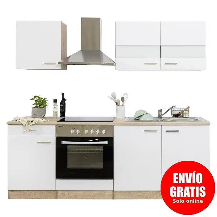 Respekta Cocina compacta Merle - Ancho: 210 cm, Blanco, Con electrodomésticos, Volumen horno: 72 l - Cocina compacta blanca con horno, placa, fregadero, campana de acero inoxidable y armarios superiores, sobre base efecto madera clara.