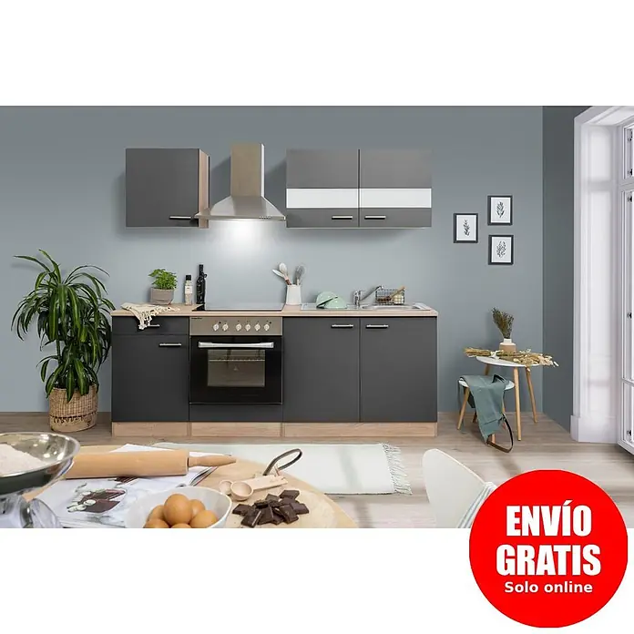 Respekta Cocina compacta Merle - Ancho: 210 cm, Gris, Con electrodomésticos, Volumen horno: 72 l - Mueble de cocina moderno con armarios gris oscuro, encimera de madera clara y horno integrado en un ambiente hogareño.