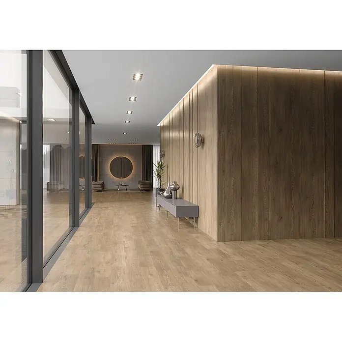 Krono Original Laminat Atlantic 8 - Torro Cremona Oak, Landhausdiele, 1.288 x 195 x 8 mm - Heller Holzplankenboden und passende Lamellenwand in einem modernen Interieur.