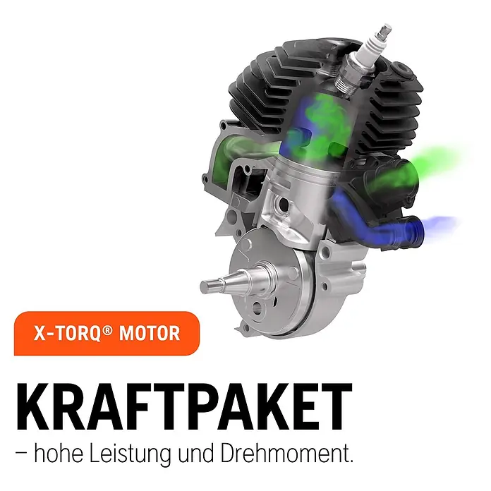 Husqvarna Benzin-Kettensäge 130 - 1.500 W, 38 cm³, Schwertlänge: 35 cm, Max. Aststärke: 300 mm - Schnittbild eines X-TORQ Motors mit internen Komponenten, Kolben, Zündkerze und Luft-/Kraftstoffstrom für hohe Leistung und Drehmoment.