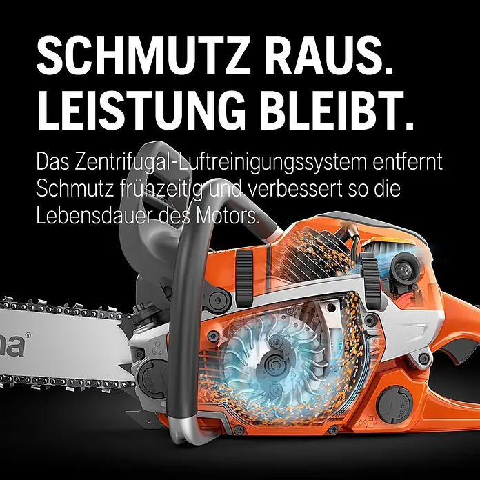 Husqvarna Benzin-Kettensäge 120 Mark II - 1.400 W, 38 cm³, Schwertlänge: 35 cm, Max. Aststärke: 300 mm - Schnittbild einer orange-grauen Kettensäge, das ihr Zentrifugal-Luftreinigungssystem zur Schmutzentfernung und Motorlebensdauer zeigt.