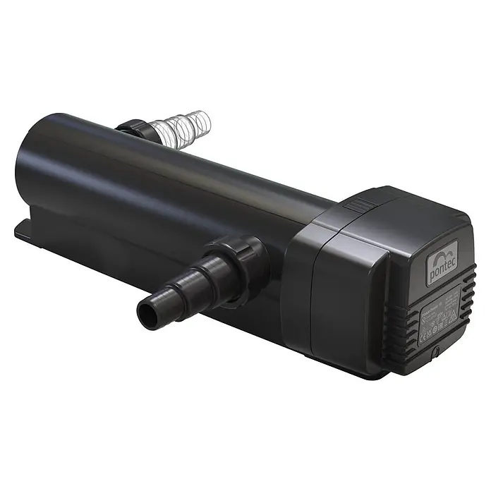 Pontec Vorklärgerät PondoTronic UVC - 24 W - Schwarzer Pontec PondoTronic UVC-Klärer mit geriffelten Schlauchanschlüssen.