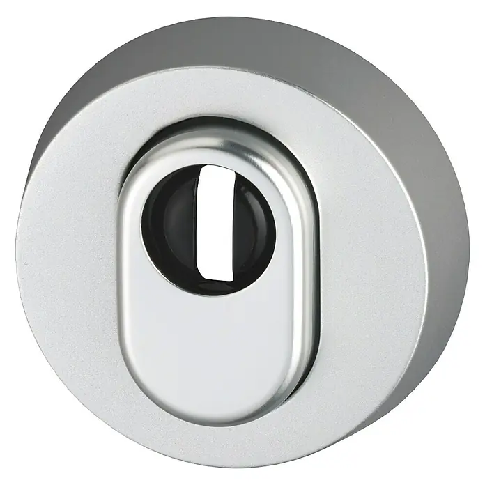 Abus Sicherheitsrosette RHZS 415 - Holztür, Aluminium, Stärke Schild/ Rosette: 15 mm - Nahaufnahme eines silbernen Zylinderschlosses, das die robuste Konstruktion und das präzise Design für Sicherheit und Schutz hervorhebt.