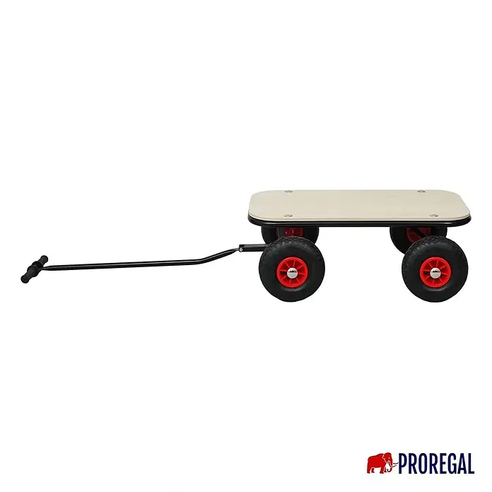 Proregal Bollerwagen BOLLY - L x B x H: 60 x 95 x 97 cm, Traglast: 150 kg - Flacher Holzwagen mit schwarzem Gestell und Zugstange, vier schwarz-roten Rädern.
