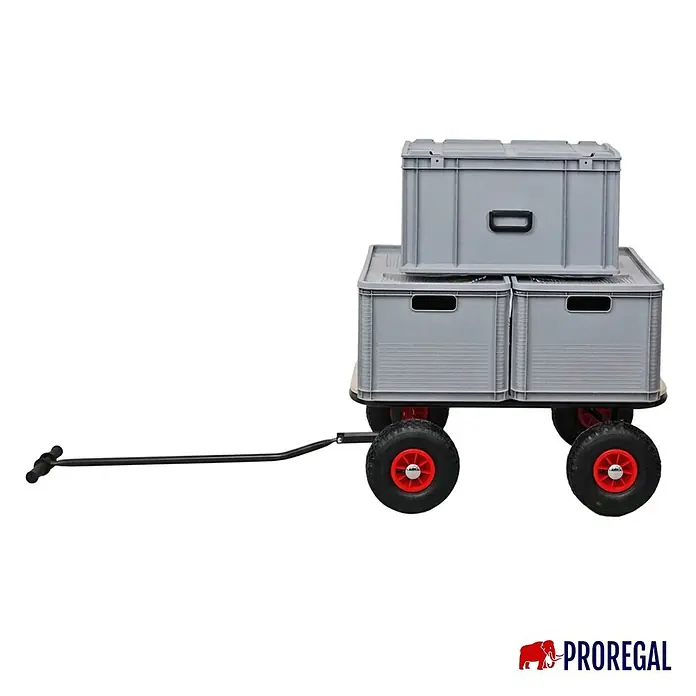 Proregal Bollerwagen BOLLY - L x B x H: 60 x 95 x 97 cm, Traglast: 150 kg - Grauer Transportwagen mit schwarzem Griff und rot-schwarzen Rädern, beladen mit drei grauen Lagerboxen.