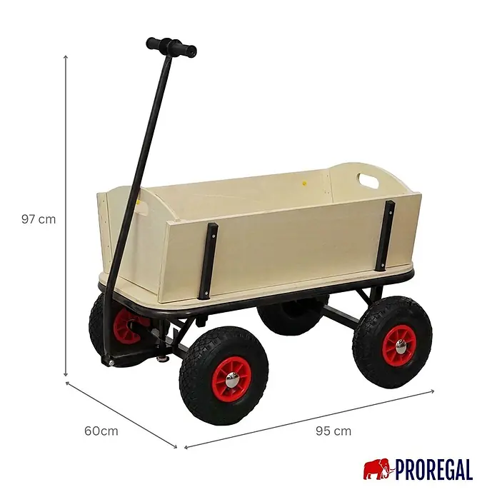 Proregal Bollerwagen BOLLY - L x B x H: 60 x 95 x 97 cm, Traglast: 150 kg - Heller Bollerwagen aus Holz mit schwarzem Griff und roten Rädern.