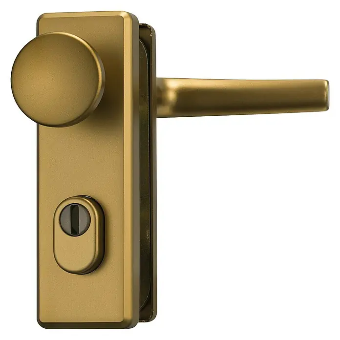 Abus Schutz-Wechselgarnitur KKZS700 - Stärke Tür: 37 mm - 47 mm, Metall, Bronze, Knopf außen, Drücker innen - Nahaufnahme eines modernen Türgriffs in Gold mit Schloss und rundem Knauf, der ein elegantes Design für Innentüren bietet.