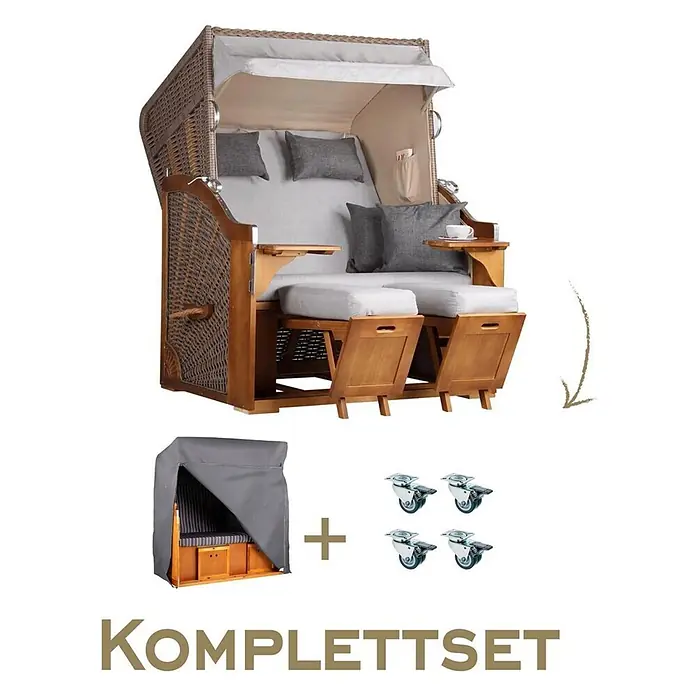 Bene Living Strandstuhl Strandkorb Komplettset Schleswig Pinie Braun PE Mokka Dessin 559 - Pinienholz. Polyrattan, Rückenlehne verstellbar, PE Mokka, B x T x H: 120 x 80 x 160 cm - Brauner Strandkorb aus Korbgeflecht mit hellgrauen Polstern, Holzrahmen, ausziehbaren Fußteilen, Beistelltischen, Verdeck. Inkl. grauer Schutzhülle und Rollen.
