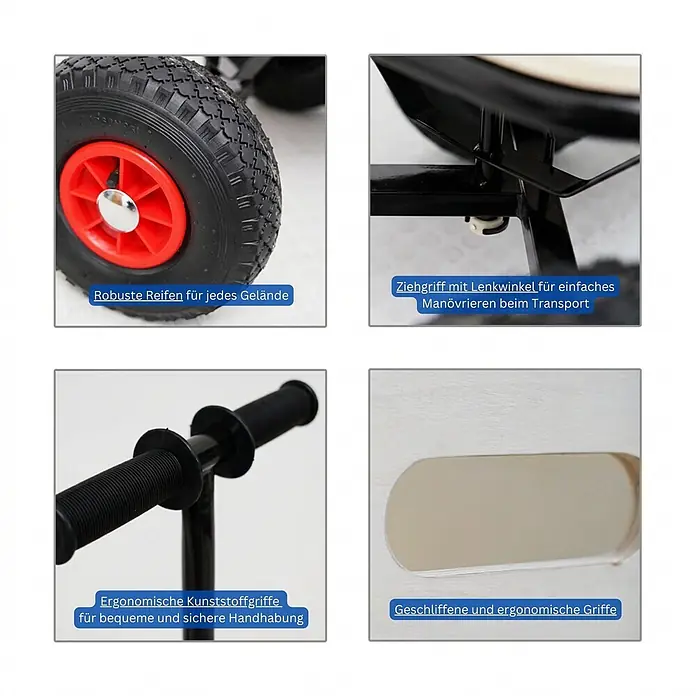 Proregal Bollerwagen BOLLY - L x B x H: 60 x 95 x 97 cm, Traglast: 150 kg - Nahaufnahmen der Details eines Wagens: robuste Reifen, Lenk-Ziehgriff, ergonomische Kunststoffgriffe und weitere ergonomische Griffe.
