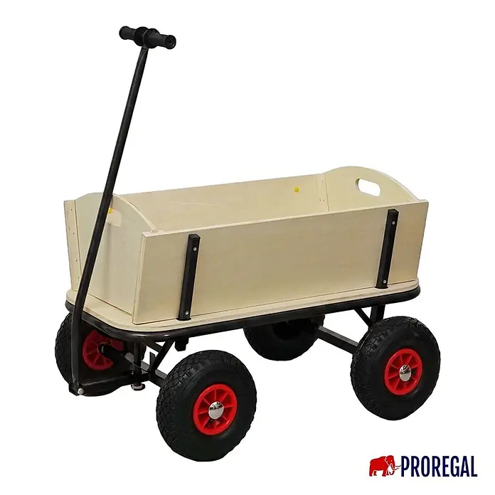Proregal Bollerwagen BOLLY - L x B x H: 60 x 95 x 97 cm, Traglast: 150 kg - Heller Bollerwagen aus Holz mit schwarzem Metallrahmen und schwarzen Rädern mit roten Naben.