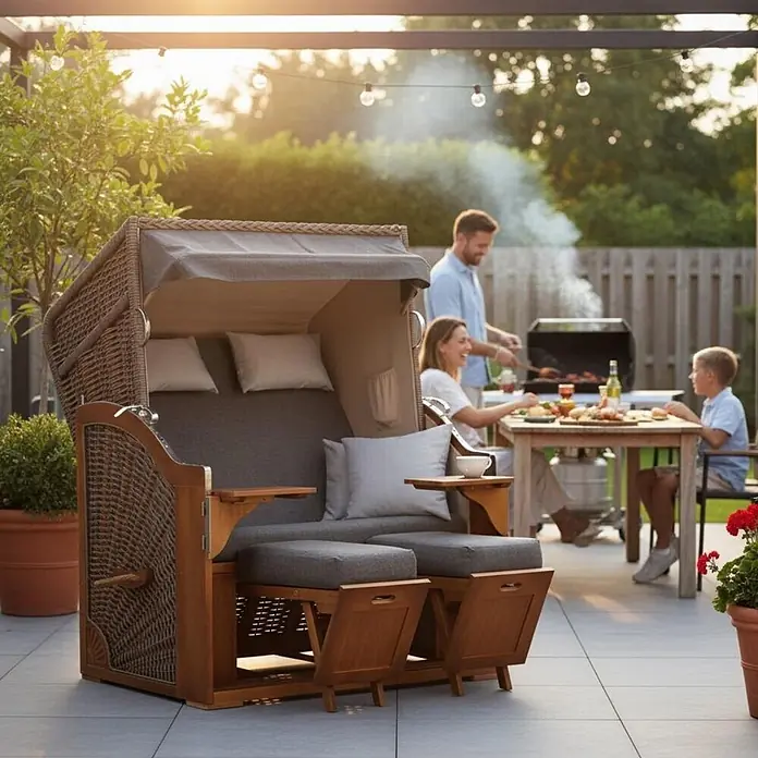 Bene Living Strandstuhl Strandkorb Komplettset Schleswig Pinie Braun PE Mokka Dessin 558 - Pinienholz. Polyrattan, Rückenlehne verstellbar, PE Mokka, B x T x H: 120 x 80 x 160 cm - Geflochtener Strandkorb aus Holz mit grauen Polstern und Verdeck auf einer Terrasse, eine Familie grillt im Hintergrund.