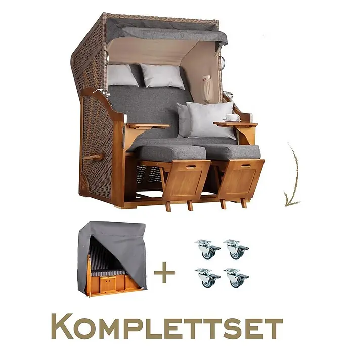 Bene Living Strandstuhl Strandkorb Komplettset Schleswig Pinie Braun PE Mokka Dessin 558 - Pinienholz. Polyrattan, Rückenlehne verstellbar, PE Mokka, B x T x H: 120 x 80 x 160 cm - Komplettset: Zweisitzer Strandkorb aus Korbgeflecht/Holz mit grauen Polstern, ausziehbaren Fußteilen, Beistelltischen, grauer Abdeckung und vier Rollen.