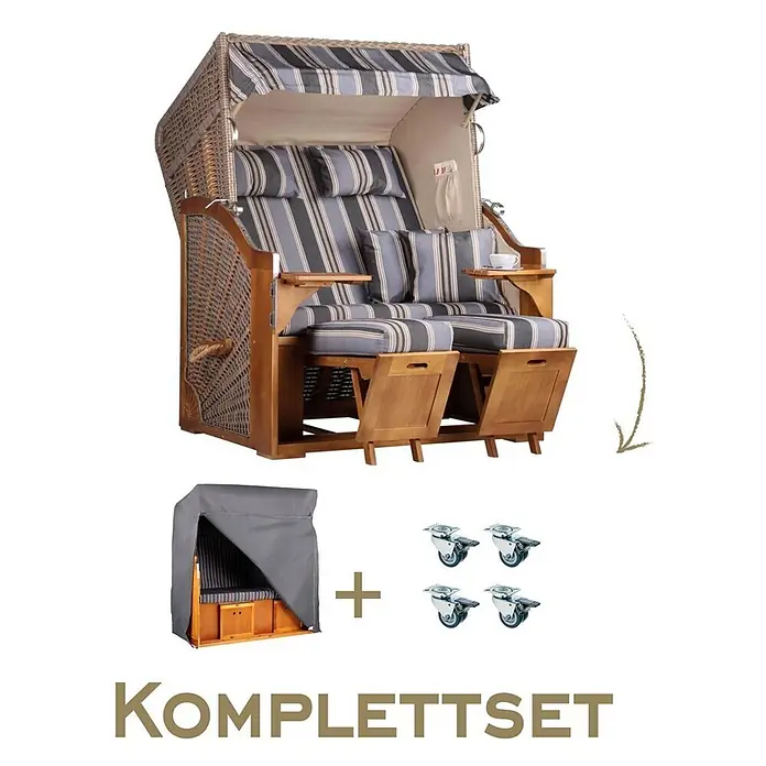 Bene Living Strandstuhl Strandkorb Komplettset Schleswig Pinie Braun PE Mokka Dessin 555 - Pinienholz. Polyrattan, Rückenlehne verstellbar, PE Mokka, B x T x H: 120 x 80 x 160 cm - Zweisitziger Strandkorb aus Korb und Holz mit gestreiften Polstern und Verdeck, inklusive grauer Schutzhülle und vier Rollen als Komplettset.