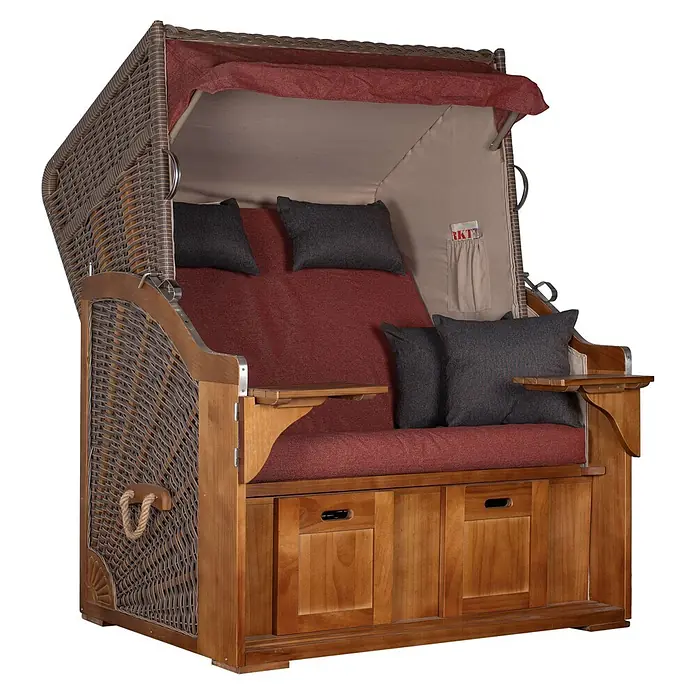 Bene Living Strandstuhl Strandkorb Schleswig - Pinienholz. Polyrattan, Rückenlehne verstellbar, PE Mokka, B x T x H: 120 x 80 x 160 cm - Zweisitziger Strandkorb aus braunem Korbgeflecht und hellem Holz, mit roten Kissen, beigefarbenem Verdeck, Stauschränken und Beistelltischen.