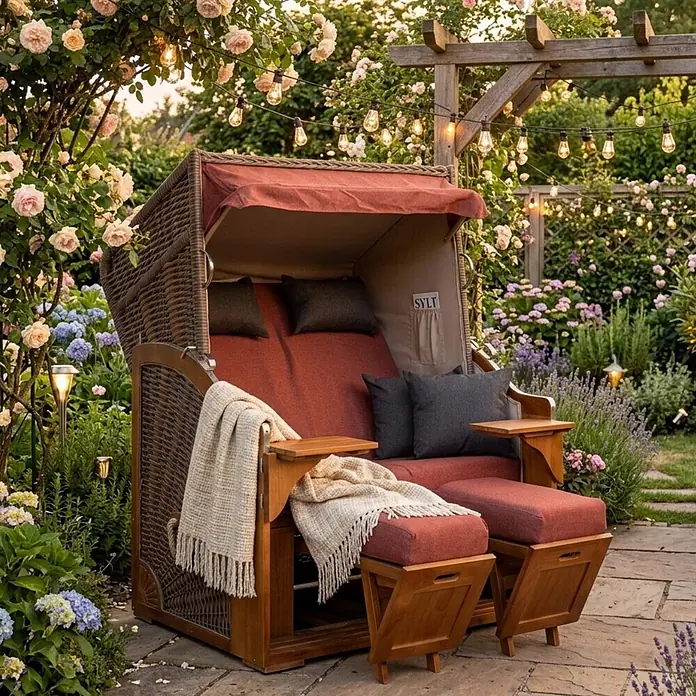 Bene Living Strandstuhl Strandkorb Schleswig - Pinienholz. Polyrattan, Rückenlehne verstellbar, PE Mokka, B x T x H: 120 x 80 x 160 cm - Ein gemütlicher Strandkorb aus Korbgeflecht und Holz mit roten Polstern und Decken, in einem blühenden Garten mit Lichterkette.