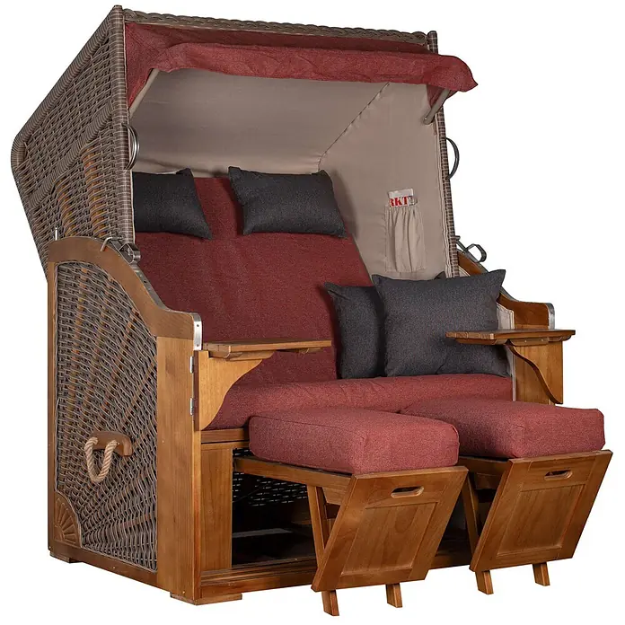 Bene Living Strandstuhl Strandkorb Schleswig - Pinienholz. Polyrattan, Rückenlehne verstellbar, PE Mokka, B x T x H: 120 x 80 x 160 cm - Geflochtener Strandkorb mit rotem Stoffinterieur, dunklen Holzakzenten, anthrazitfarbenen Kissen, ausziehbaren Fußstützen und Beistelltischen.