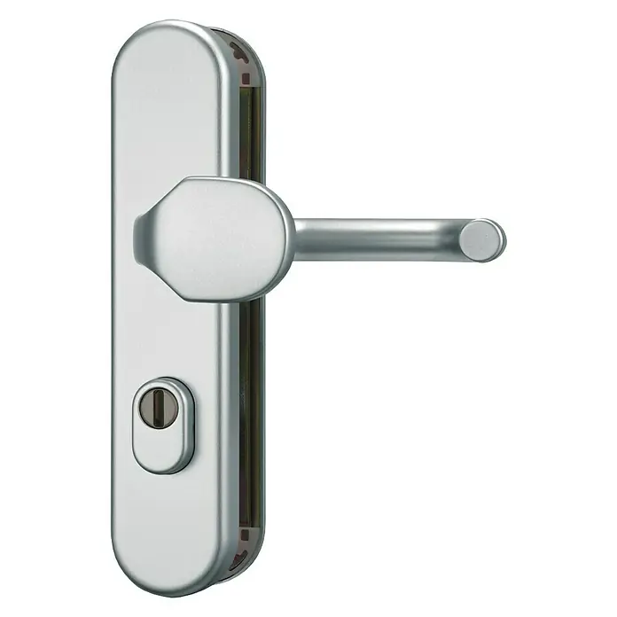 Abus Schutzbeschlag KLSZ 714 - Einsatzbereich: Feuerschutztür, Silber F1, Knopf außen, Drücker innen, Stärke Tür: 37 mm - 47 mm - Nahaufnahme eines eleganten, silberfarbenen Türgriffs mit Langschild, der Design und Funktionalität für moderne Türen vereint.