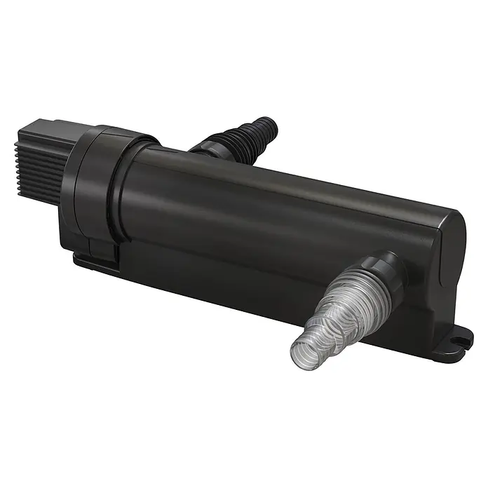 Pontec Vorklärgerät UVC Pondotronic - 11 m³, Max. Fördermenge: 11.000 l/h - Schwarzer zylindrischer UV-Wasserklärer mit transparenten und schwarzen gerippten Schlauchanschlüssen.