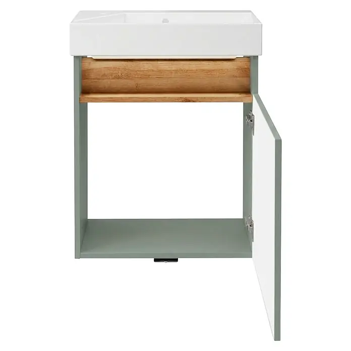 Camargue Pure Badmöbel-Set - Gesamtbreite Badmöbel: 55 cm, Salbeigrün, Matt - Wandhängender Badunterschrank mit weißem Keramikwaschbecken, heller Holzschublade und offener hellgrüner/grauer Schranktür.