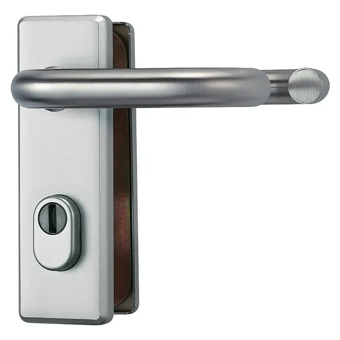 Abus Schutzbeschlag KKZS700 - Einsatzbereich: Feuerschutztür, Aluminium, Stärke Tür: 37 mm - 47 mm, Drücker beidseitig - Ein silberner Türgriff mit einem länglichen Griff und einem zylindrischen Ende, montiert auf einer rechteckigen Platte mit Schlüsselloch.