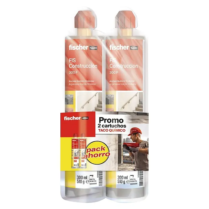 Fischer Set de anclaje químico FIS Construcción - 2 ud. - Dos cartuchos de anclaje químico fischer FIS Construcción (300 F Viniléster) en pack ahorro, con ejemplos de aplicación para construcción.