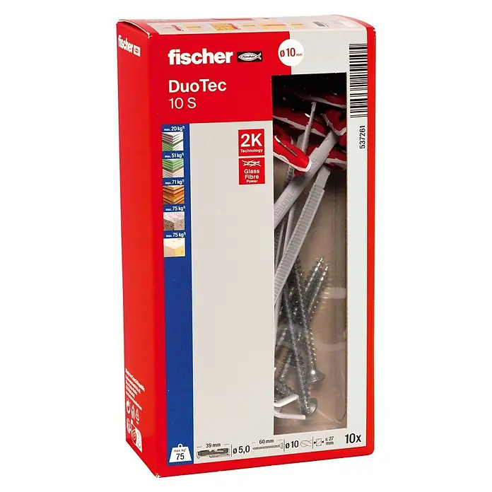 Fischer Duotec Taco basculante - Diámetro taco: 10 mm, Longitud taco: 50 mm, Placas de yeso laminado, Con tornillos, 10 ud. - Anclajes Fischer DuoTec 10 S con tornillos en embalaje rojo y blanco, mostrando tacos blancos y rojos y tornillos plateados.