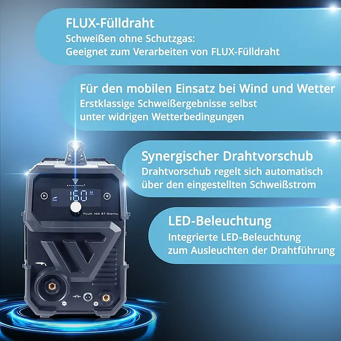 STAHLWERK Fülldrahtschweißgerät FLUX 160 ST Digital - Schweißstrom: 160 A, 230 V - Eine dunkelgraue und schwarze digitale Schweißmaschine mit Display, das '160' und '0.8' anzeigt.