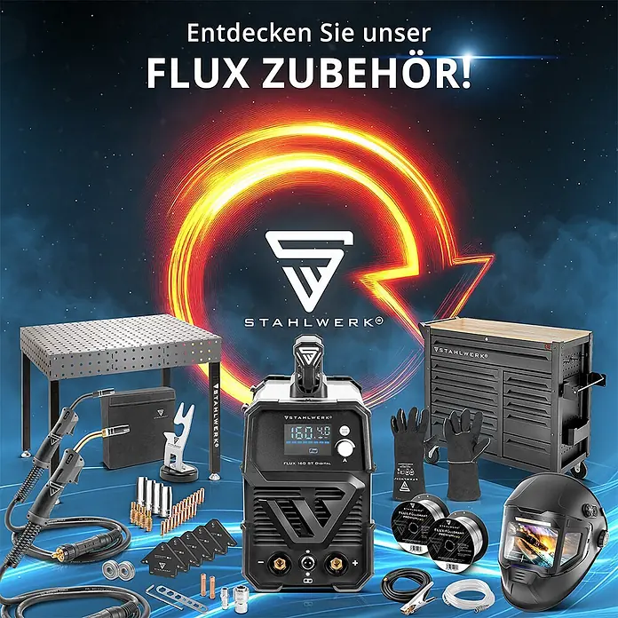 STAHLWERK Fülldrahtschweißgerät FLUX 160 ST Digital - Schweißstrom: 160 A, 230 V - Umfassendes Stahlwerk Flux Schweißzubehör: Schweißgerät, Tisch, Werkzeugschrank, Brenner, Helm, Handschuhe, Drahtrollen.