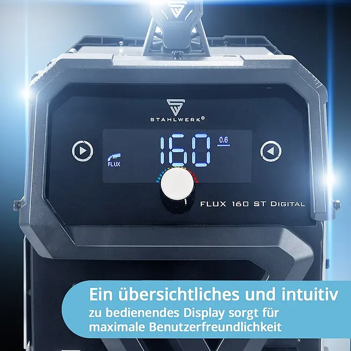 STAHLWERK Fülldrahtschweißgerät FLUX 160 ST Digital - Schweißstrom: 160 A, 230 V - Schwarzes Stahlwerk Flux 160 ST Digital Schweißgerät mit hellem Digitaldisplay und Bedienknopf für einfache Handhabung.