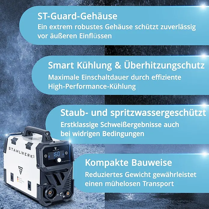 STAHLWERK Fülldrahtschweißgerät FLUX 160 ST Digital - Schweißstrom: 160 A, 230 V - Weiß-schwarzes Schweißgerät mit robustem, kompaktem und spritzwassergeschütztem Gehäuse, geeignet für anspruchsvolle Bedingungen.