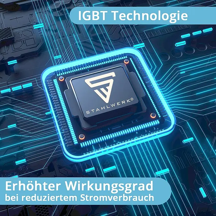 STAHLWERK Fülldrahtschweißgerät FLUX 160 ST Digital - Schweißstrom: 160 A, 230 V - Eine leuchtend blaue Platine mit einem zentralen „STAHLWERK“-Mikrochip, die IGBT-Technologie für erhöhten Wirkungsgrad und reduzierten Stromverbrauch darstellt.
