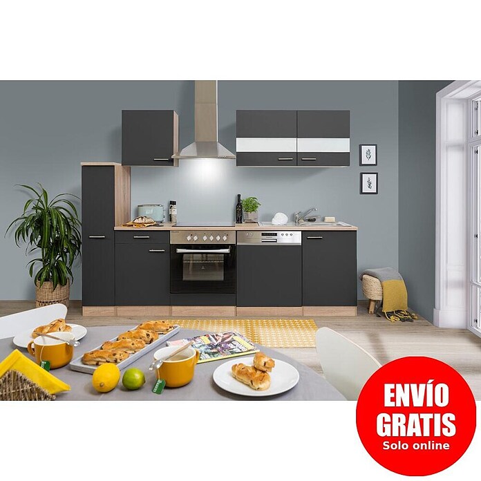 Respekta Composición de cocina (Ancho: 250 cm, Con dispositivos eléctricos, Gris)