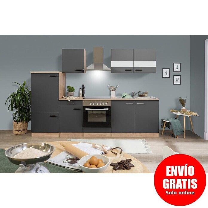 Respekta Composición de cocina (Ancho: 270 cm, Con dispositivos eléctricos, Gris)