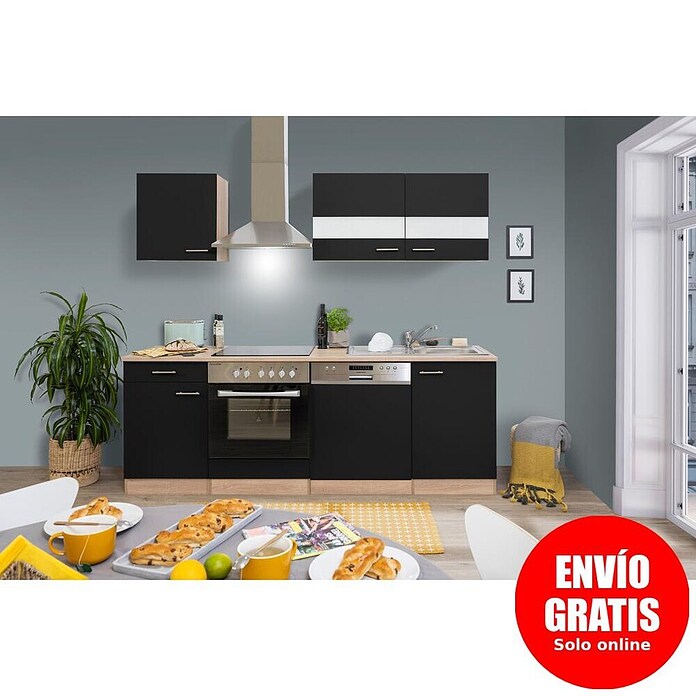 Respekta Composición de cocina (Ancho: 220 cm, Con dispositivos eléctricos, Negro)