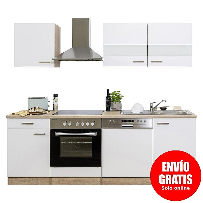 Respekta Composición de cocina (Ancho: 220 cm, Con dispositivos eléctricos, Blanco)