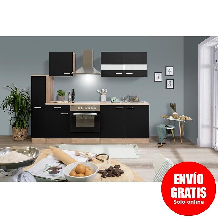 Respekta Composición de cocina (Ancho: 240 cm, Con dispositivos eléctricos, Negro)